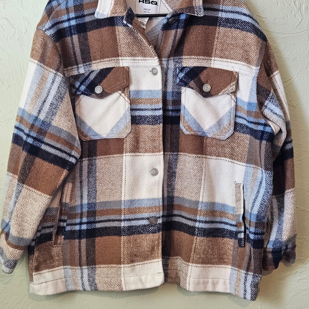 RSQ Womens Shirt Jacket Plaid‎ Flannel Button Up M Tan Blue